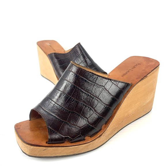 RALPH LAUREN Brown Embossed Leather Wooden Wedge Slip On‎ Sandals - Picture 8 of 9